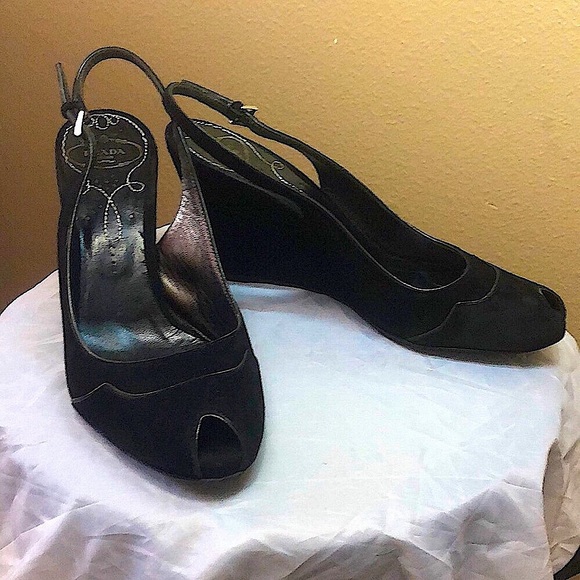 Prada Shoes - Prada Black Suede Peep-Toe Slingback Wedge Heels